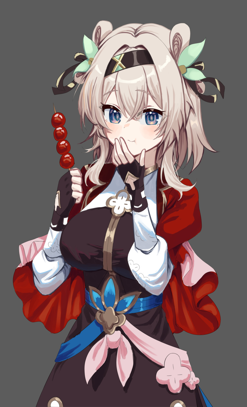 1girl, :t, absurdres, black_dress, black_hairband, black_ribbon, blue_eyes, breasts