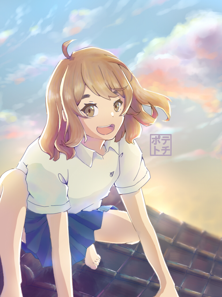1girl, barefoot, brown_eyes, brown_hair, feet, nakitai_watashi_wa_neko_wo_kaburu, rooftop, sasaki_miyo