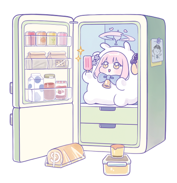 1girl, animal_costume, bell, blue_archive, blue_bow, blue_bowtie, blush_stickers, bow, bowtie, can, chibi, chibi_only, drink_can, ekoru, food, food_request, halo, holding, holding_food, holding_ice_cream, honey, ice_cream, in_container, in_refrigerator, jam, looking_at_food, mika_(blue_archive), milk_carton, neck_bell, open_mouth, pink_hair, pink_halo, refrigerator, sheep_costume, simple_background, soda_can, solo, sparkle, white_background, yellow_eyes
