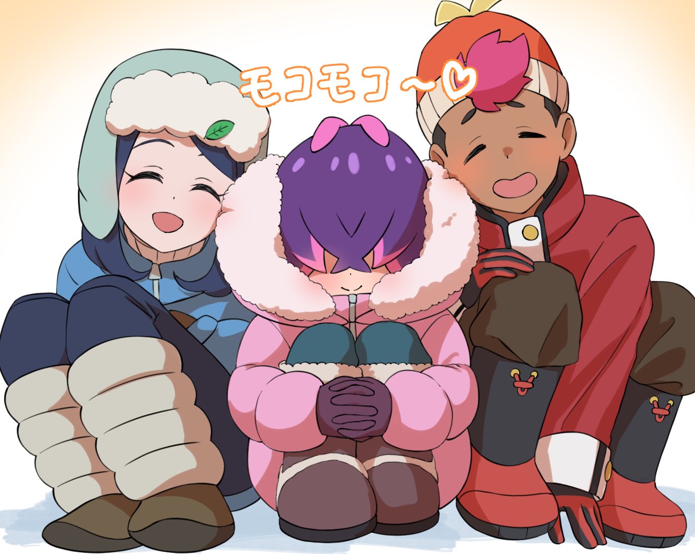 1boy, 2girls, amedamaneko, black_hair, closed_eyes, closed_mouth, coat, cowlick