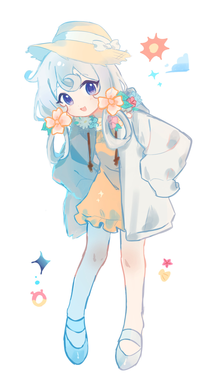 1girl, bow, character_request, commentary_request, cookie_run, dress, flower, full_body, gimt5n, grey_hair, hair_flower, hair_ornament, hands_on_own_hips, hat, highres, humanization, jacket, korean_commentary, long_hair, looking_at_viewer, open_clothes, open_jacket, orange_dress, shoes, solo, standing, violet_eyes, white_background, white_footwear, white_jacket