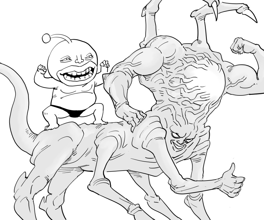 absurdres, bb_(baalbuddy), claws, dark_jeroid, extra_arms, greyscale, highres, monochrome, monster, monster_fox_(crash_fever), multiple_legs, no_humans, ojama_lime, thumbs_up, underwear, veins, white_background, yu-gi-oh!