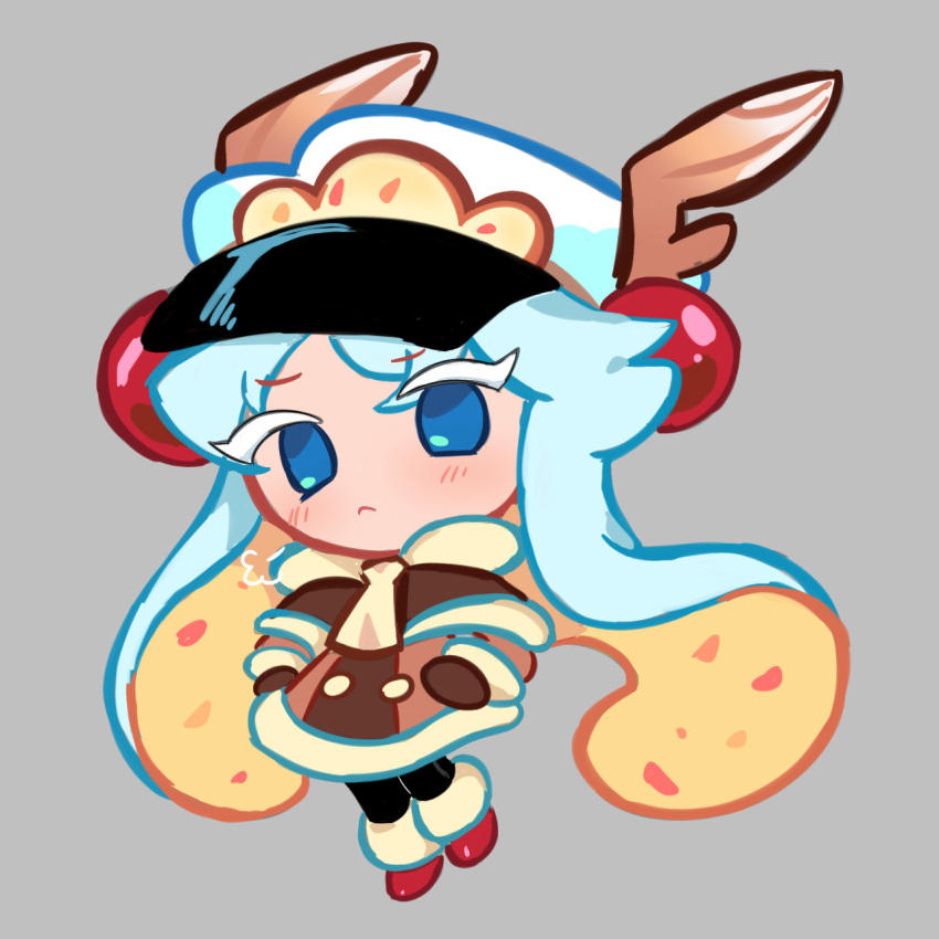 1girl, blue_eyes, blush, brown_capelet, brown_dress, capelet, chibi, chibi_only