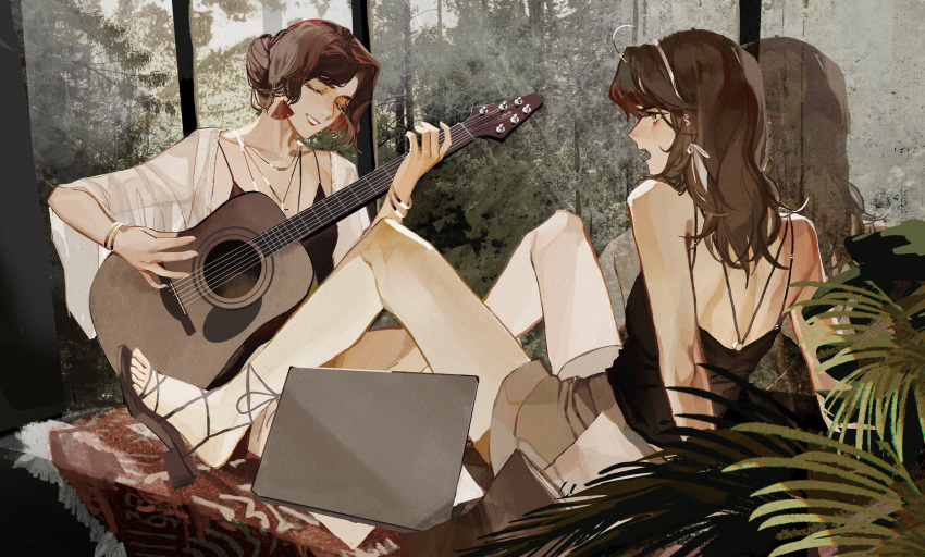 2girls, absurdres, ahoge, axis_powers_hetalia, black_camisole, bracelet, brown_hair, camisole