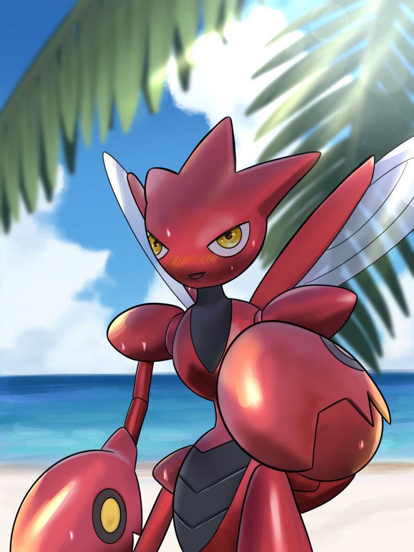 beach, blurry, blurry_background, blush, bug, claws, colored_skin, highres