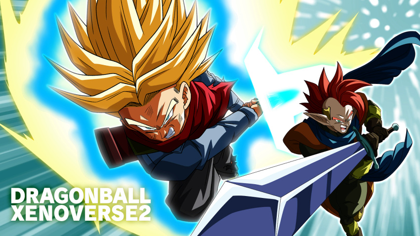 2boys, aqua_eyes, artist_request, aura, black_pants, blonde_hair, blue_scarf, brown_gloves