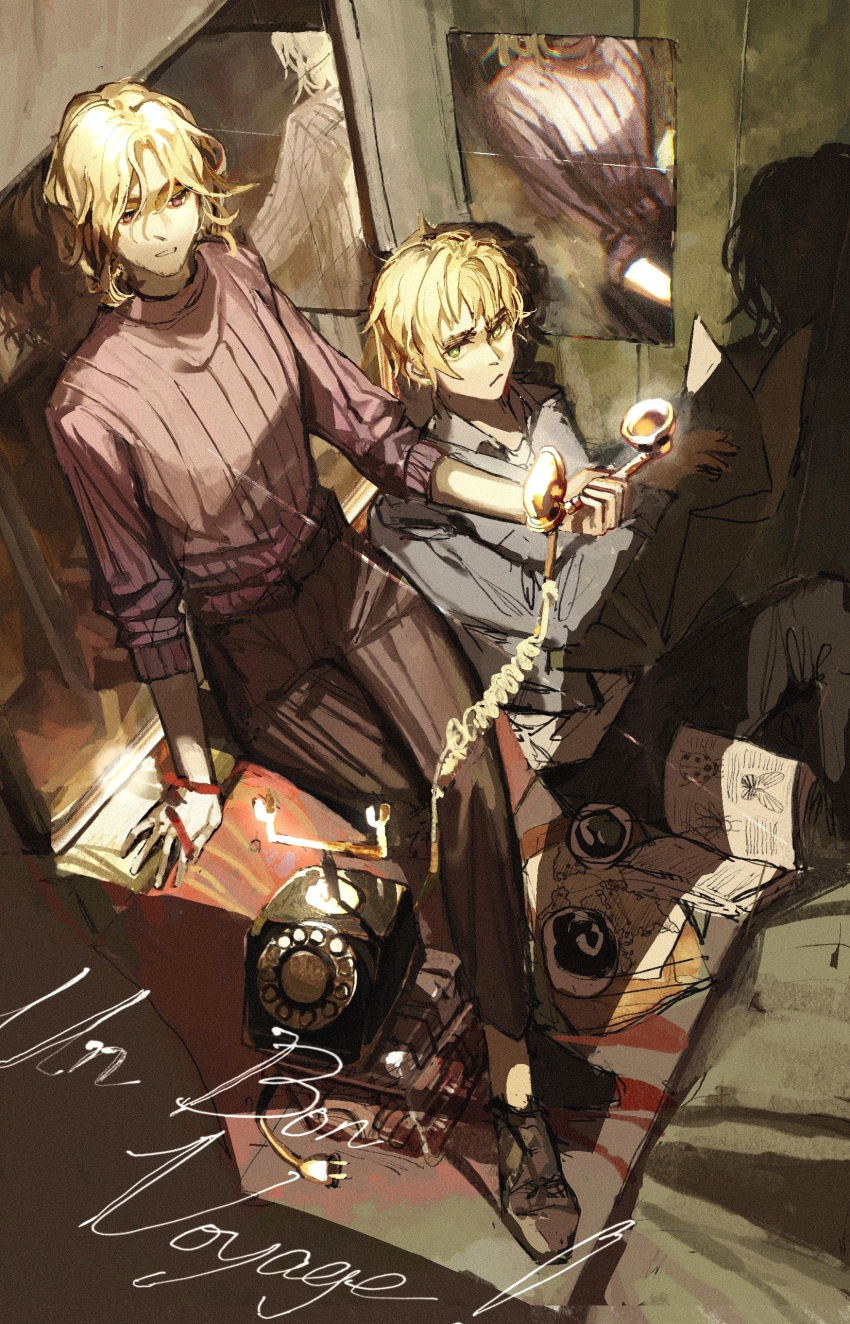 2boys, absurdres, antique_phone, axis_powers_hetalia, blonde_hair, corded_phone, facial_hair, france_(hetalia)