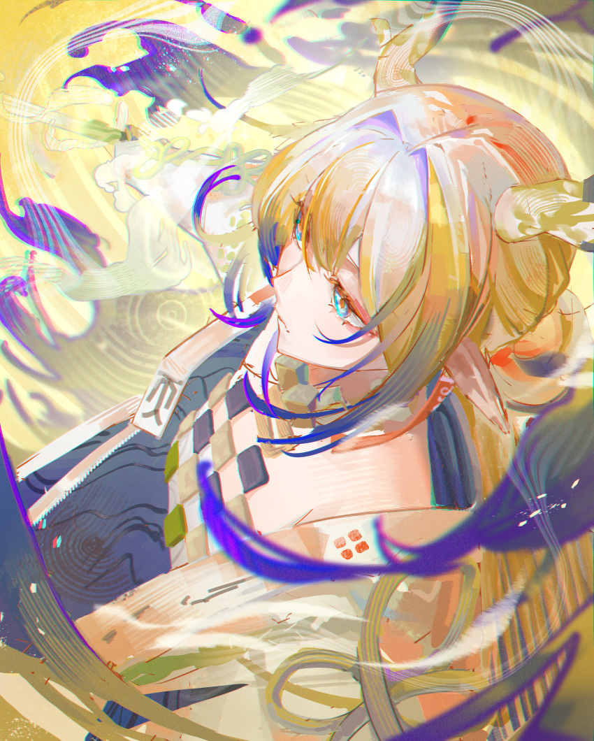 1girl, absurdres, arknights, blonde_hair, blue_eyes, blurry, chromatic_aberration, closed_mouth
