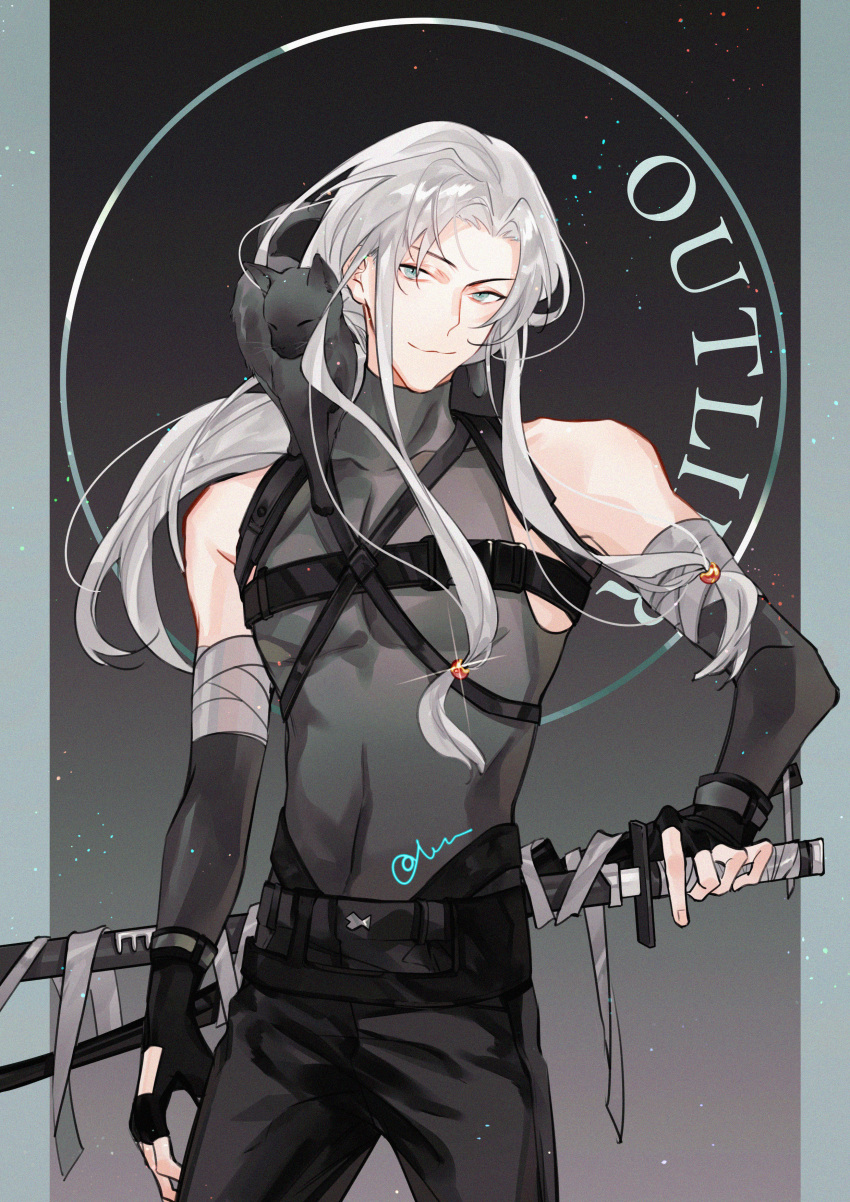 1boy, :3, absurdres, alternate_costume, animal_on_shoulder, aqua_border, aqua_eyes, arm_at_side