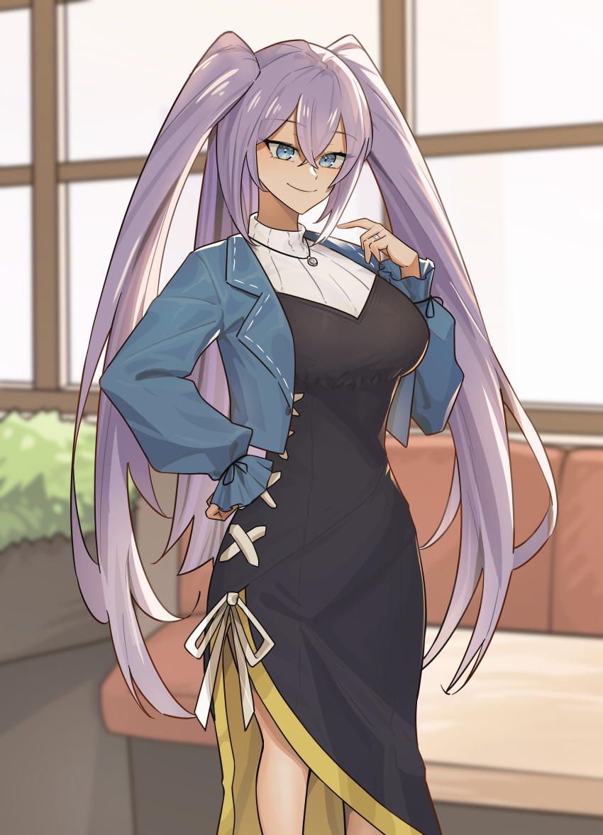 1girl, absurdres, alternate_costume, azur_lane, black_dress, blue_eyes, blue_jacket, breasts