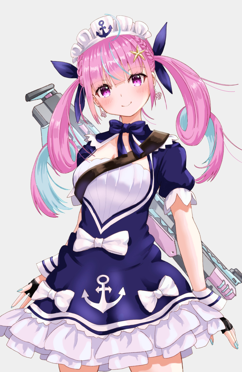 1girl, absurdres, ahoge, anchor_print, black_gloves, blue_dress, blue_hair, blue_nails