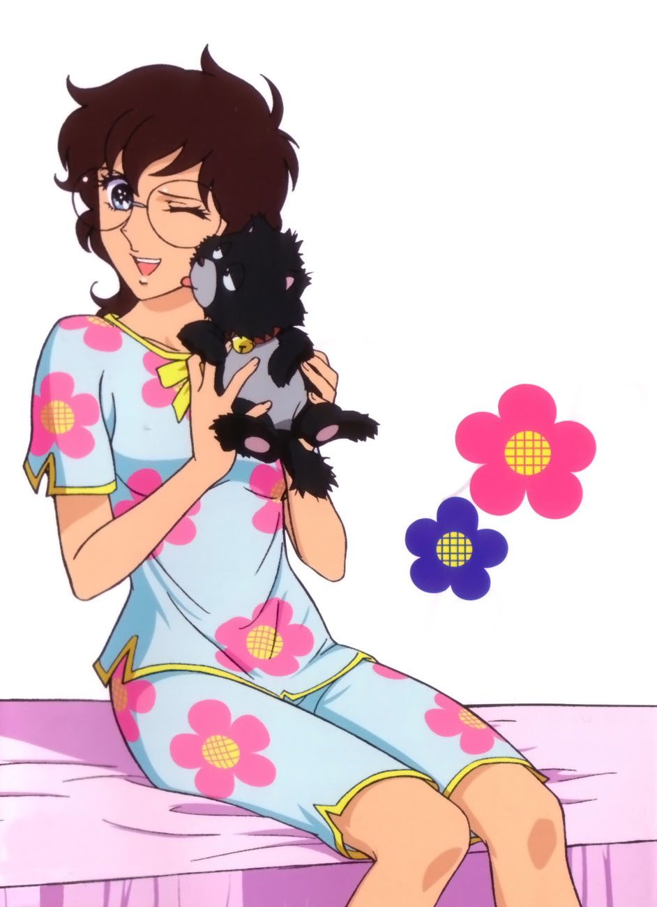 ace_wo_nerae, bed, brown_hair, dog, esu_wo_nerae!, glasses, highres, glasses, oka_hiromi, old_school, oldschool, pajamas, puppy, short_hair, smile