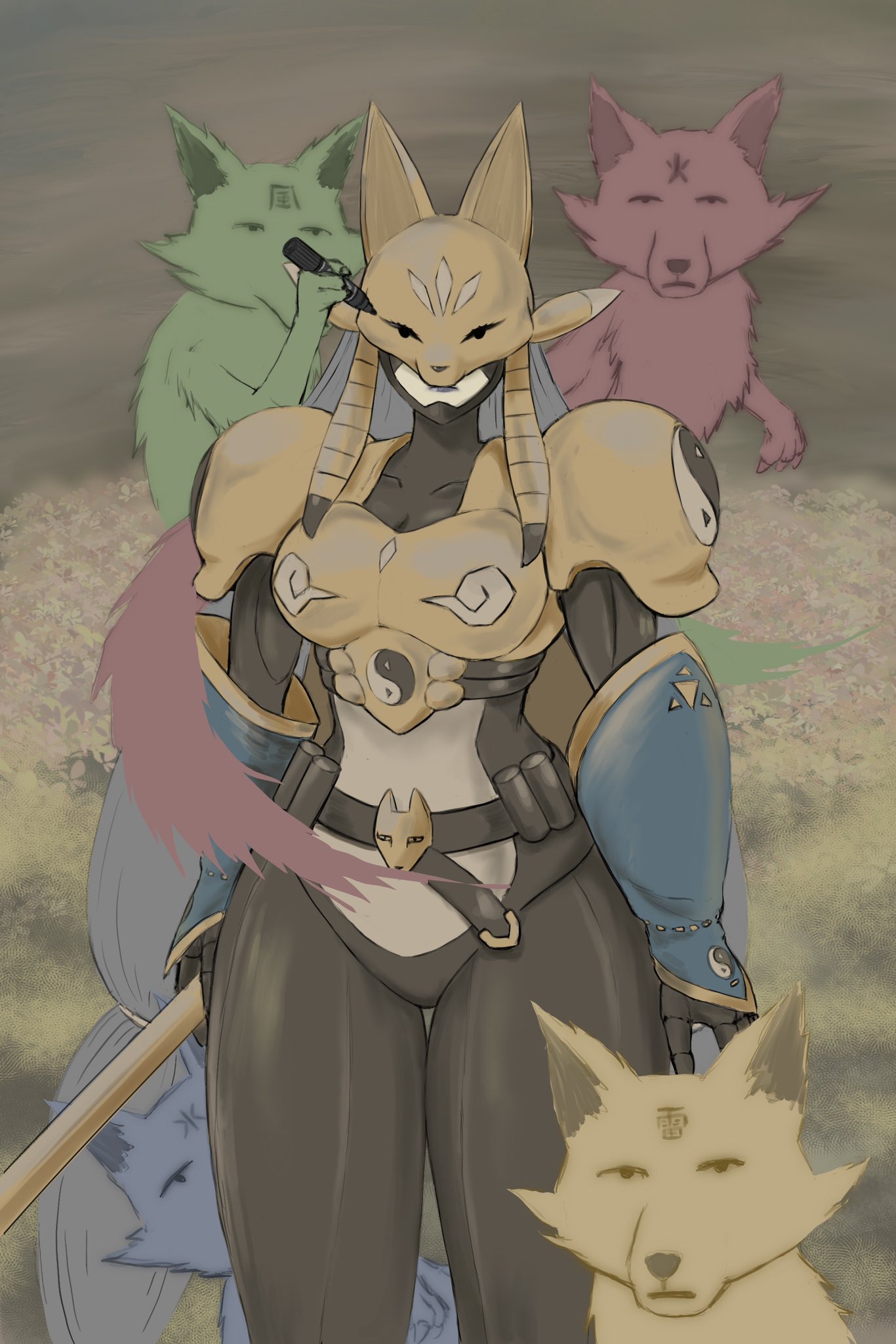 1girl, armor, black_bodysuit, bodysuit, breasts, cowboy_shot, digimon, digimon_(creature)