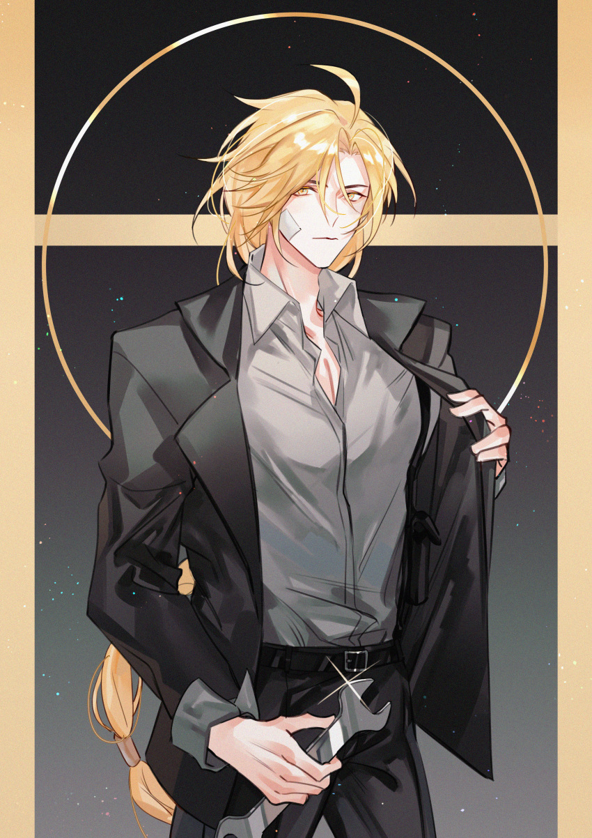 1boy, absurdres, ahoge, alternate_costume, azha8, belt, belt_buckle, black_background