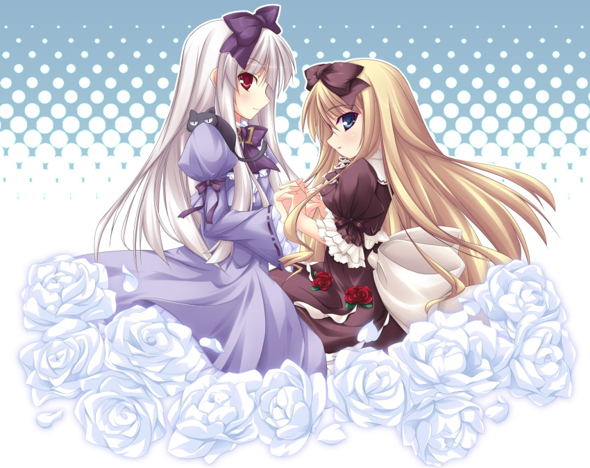2girls, 3.1-tan, angel_wish, blonde_hair, blue_eyes, bow, cat, dos_cat