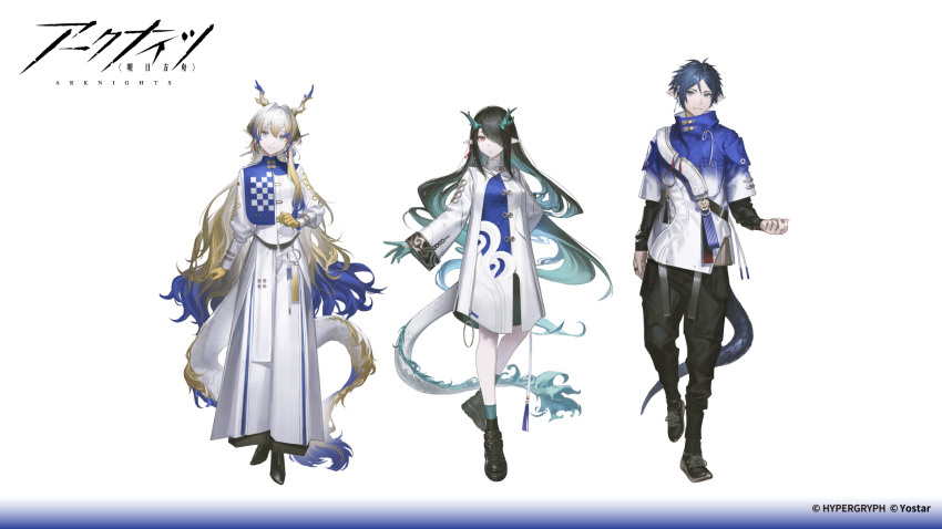 1boy, 2girls, alternate_costume, arknights, black_footwear, black_hair, black_pants, blonde_hair