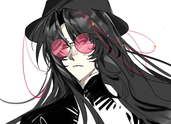 1boy, alabaster_(fuzixi17884), beads, black_eyes, black_hair, black_hat, black_shirt, chinese_commentary, closed_mouth, commentary_request, frown, hat, huai_yunqing, long_hair, male_focus, parted_bangs, pink-tinted_eyewear, portrait, round_eyewear, shirt, simple_background, solo, tinted_eyewear, touqi_guaitan, white_background