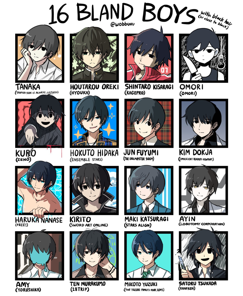 18trip, 6+boys, ayin_(project_moon), black_eyes, black_hair, black_sweater, blood, blue_eyes