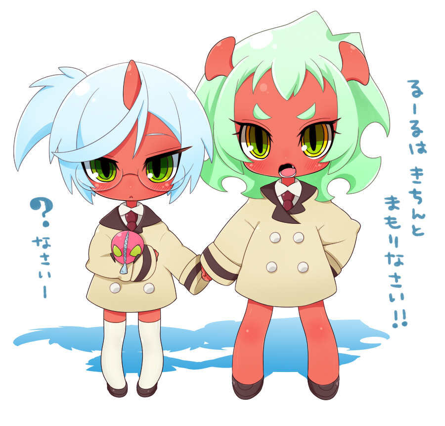 blue_hair, blush, child, demon_girl, fang, fastener, fastener_(psg), glasses, green_eyes, green_hair, gun, hand_holding, holding_hands, horns, inuue_kiyu, kneesocks_(character), kneesocks_(psg), multiple_girls, necktie, panty_&amp;_stocking_with_garterbelt, red_skin, scanty, scanty_(psg), short_hair, sisters, thighhighs, translated, weapon, young