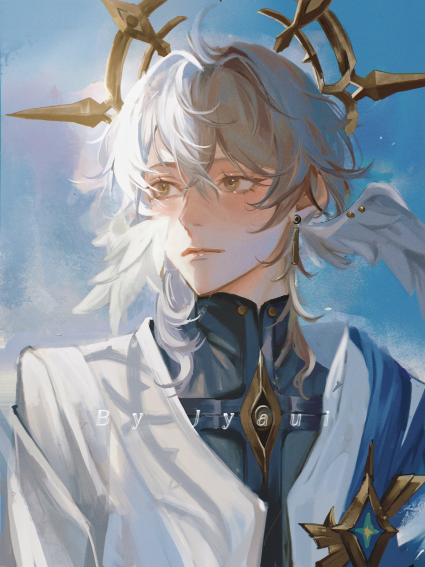 1boy, coat, eye_symbol, grey_hair, hair_between_eyes, hair_over_shoulder, halo, halo_behind_head