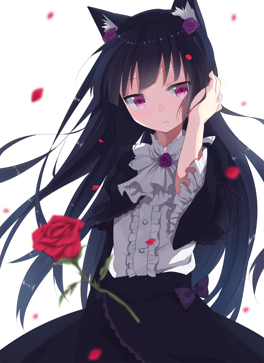 animal_ears, black_hair, blurry, blush, cat_ears, depth_of_field, flower, gokou_ruri, gothic_lolita, hair_flip, hairband, highres, kurasawa_moko, lolita_fashion, long_hair, ore_no_imouto_ga_konna_ni_kawaii_wake_ga_nai, petals, purple_eyes, purple_rose, red_rose, rose, solo, violet_eyes, yukinezumi