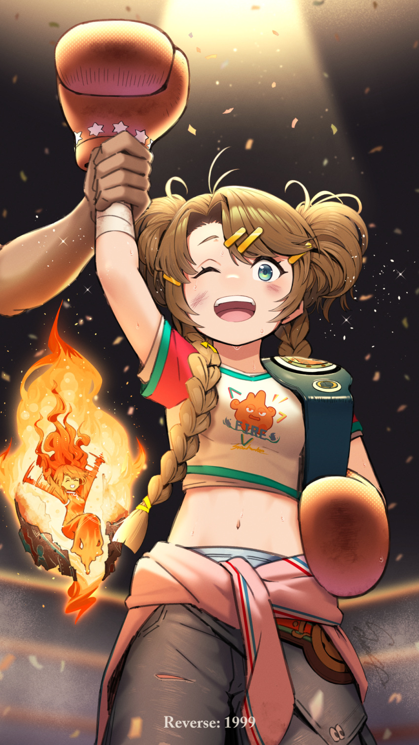 1other, 2girls, ;d, ^_^, arm_up, bandaged_arm, bandages, belt