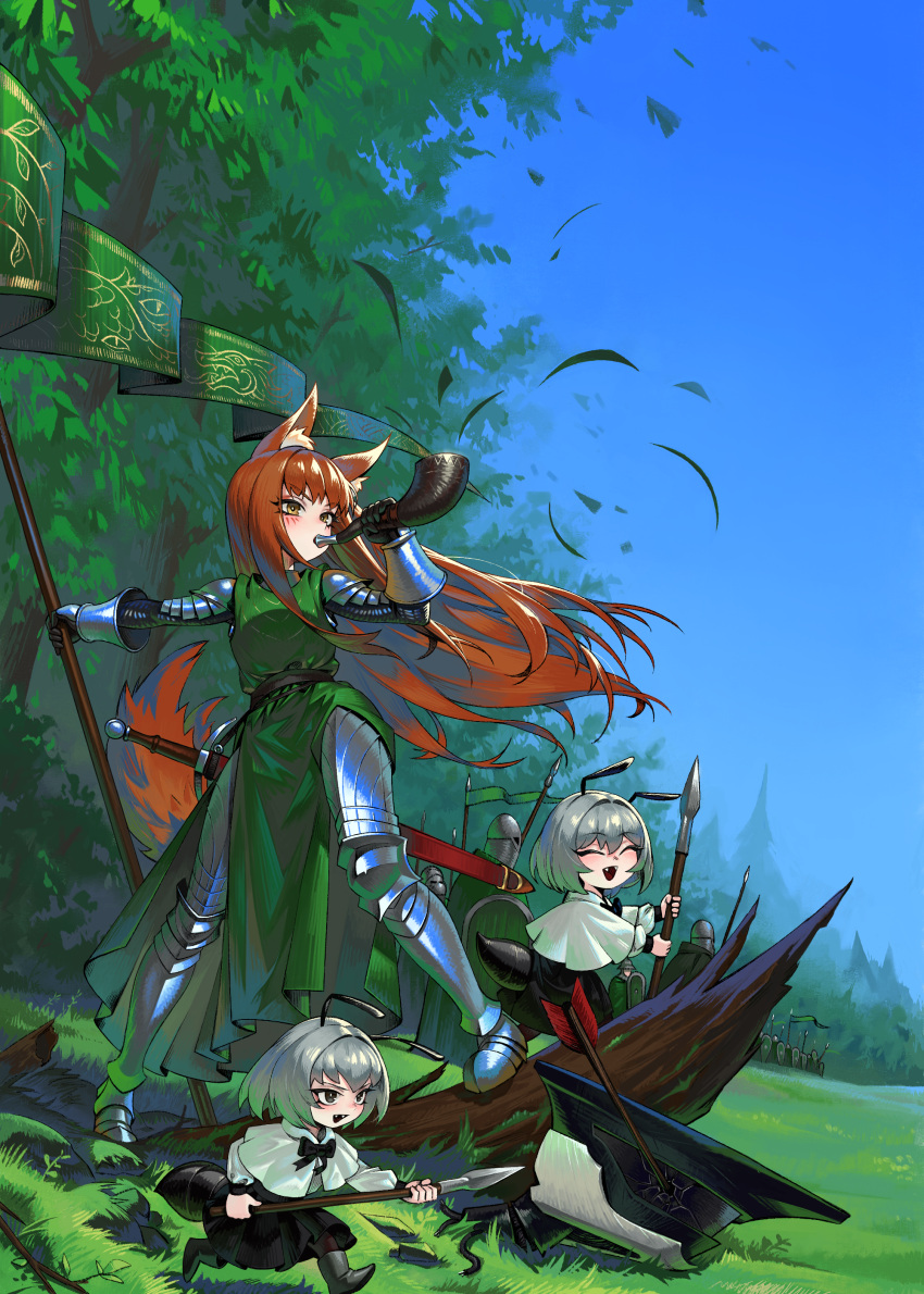 3girls, 6+boys, absurdres, animal_ears, ant_girl, antennae, armor, arrow_(projectile)