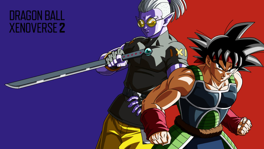 2boys, aqua_leggings, arm_guards, artist_request, bandana, bardock, belt, black_belt