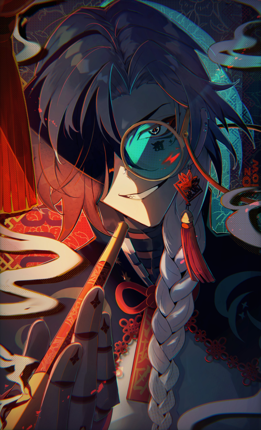 1boy, abstract_background, absurdres, aqua-tinted_eyewear, black_eyes, black_hair, boothill_(honkai:_star_rail), braid