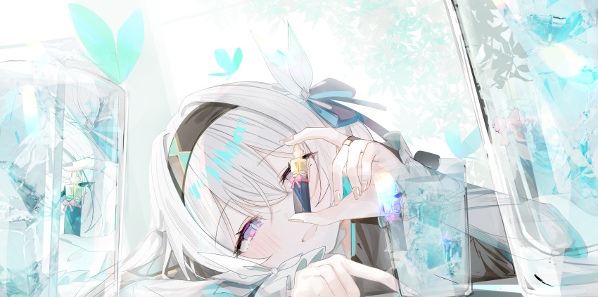 1girl, absurdres, black_hairband, black_jacket, blue_pupils, blush, bug, butterfly