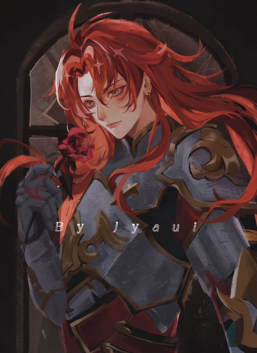 1boy, argenti_(honkai:_star_rail), armor, artist_name, curtained_hair, ear_piercing, flower, gauntlets