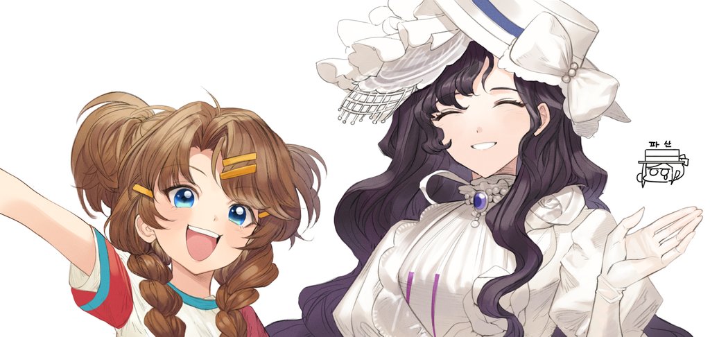 2girls, :d, ^_^, arm_up, black_hair, blue_eyes, bow, braid