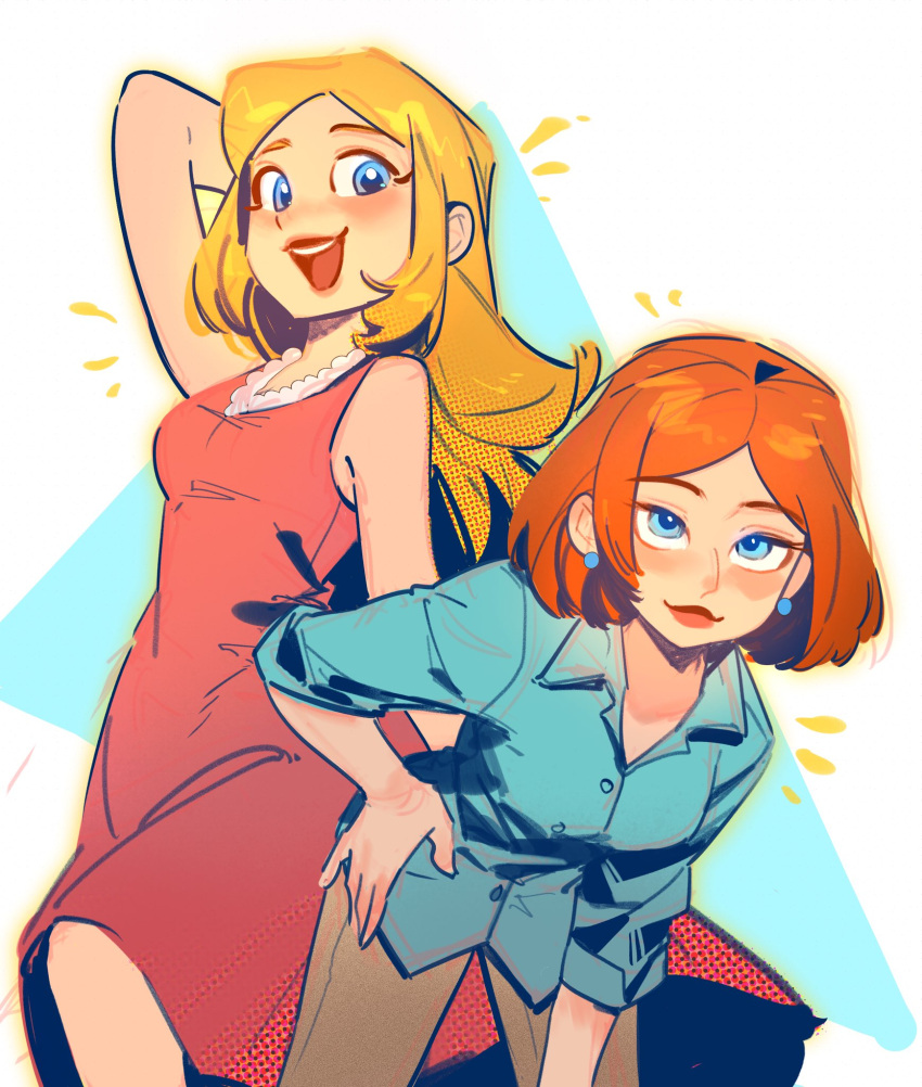 2girls, american_dad!, animification, arm_up, blonde_hair, blue_eyes, blue_shirt, brown_pants