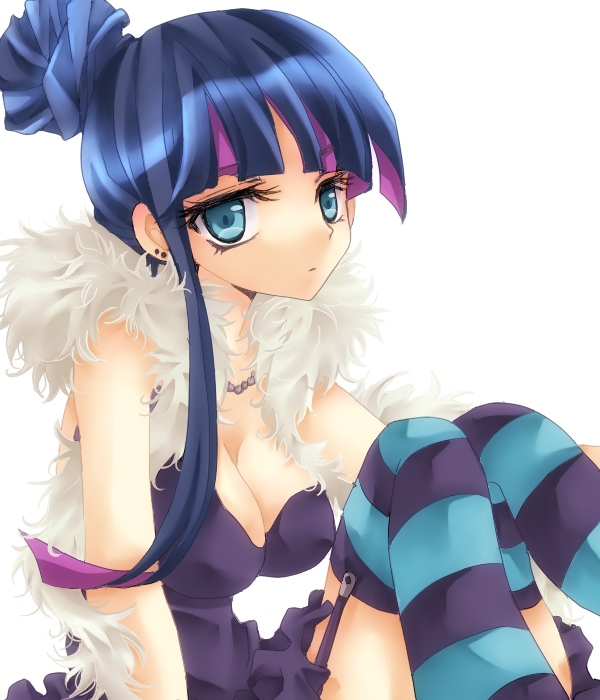 alternate_hairstyle, black_dress, blue_eyes, blue_hair, boa, breasts, cleavage, dress