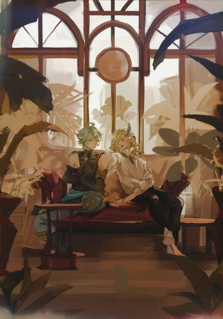 2boys, alhaitham_(genshin_impact), black_pants, black_shirt, blonde_hair, book, collared_shirt, earrings, feather_hair_ornament, feathers, genshin_impact, green_eyes, grey_hair, hair_between_eyes, hair_ornament, highres, holding, holding_book, indoors, jewelry, jyauii, kaveh_(genshin_impact), male_focus, medium_hair, multiple_boys, pants, plant, red_eyes, shirt, short_hair, sitting, sleeveless, sleeveless_shirt, squatting, table, white_shirt, window