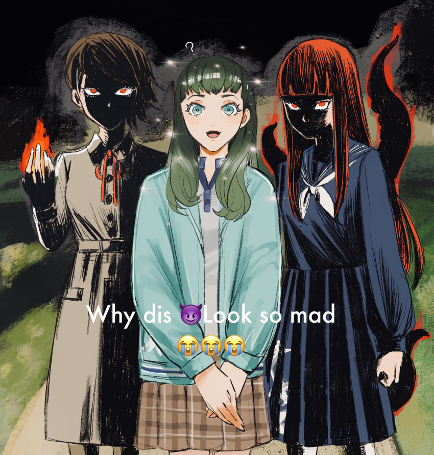 3girls, ?, ascot, aura, blue_eyes, brown_hair, clueless, crying_emoji