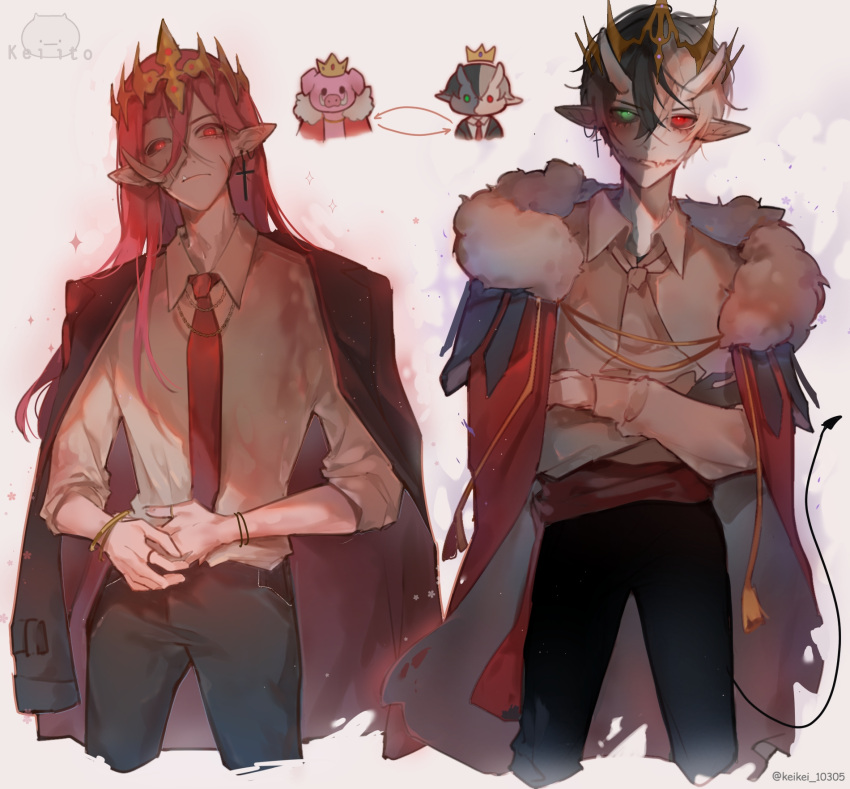 1boy, 1other, androgynous, animification, bishounen, black_hair, cape, commentary, cosplay, costume_switch, crown, dream_smp, english_commentary, formal, fur_trim, green_eyes, heterochromia, highres, horns, humanization, jacket, keikei_10305, long_hair, long_sleeves, looking_at_viewer, minecraft_youtube, monster_boy, pink_hair, pointy_ears, ranboo, ranboo_(cosplay), red_cape, red_eyes, shirt, short_hair, smile, standing, technoblade, technoblade_(cosplay), white_background, white_shirt