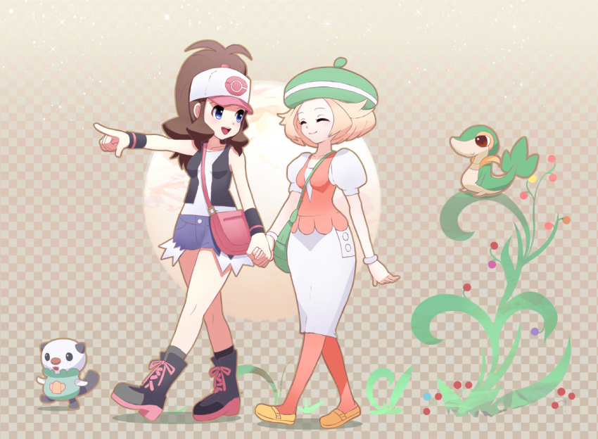 2girls, antenna_hair, bag, bare_shoulders, bel_(pokemon), bell_(pokemon), blonde_hair, blue_eyes