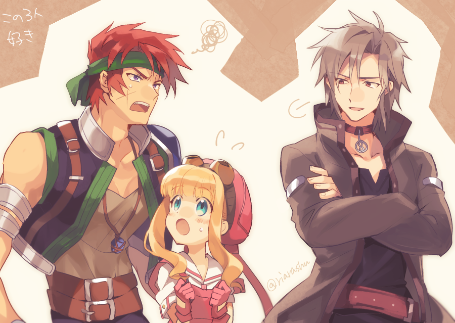 1girl, 2boys, :o, agate_crosner, belt, black_shirt, blonde_hair, blue_eyes