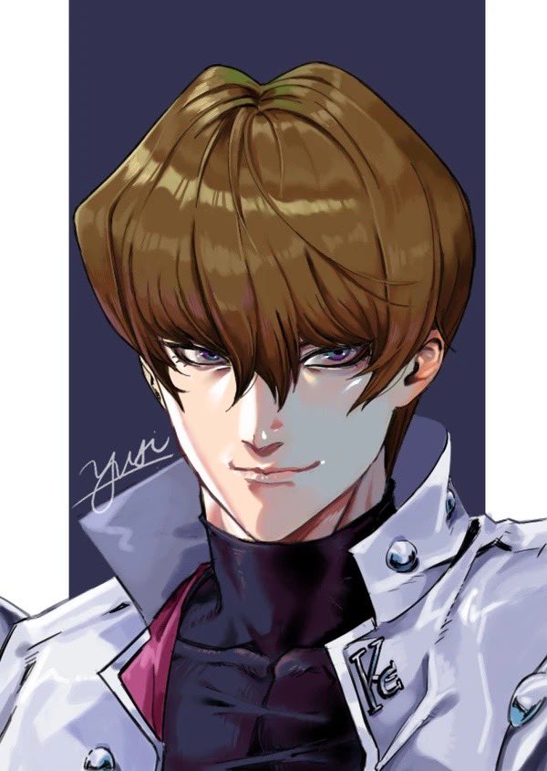 1boy, black_shirt, border, brown_hair, close-up, coat, kaiba_seto, male_focus, medium_hair, shirt, signature, smirk, solo, violet_eyes, white_border, white_coat, yu-gi-oh!, yu-gi-oh!_duel_monsters, yusi_vishnu