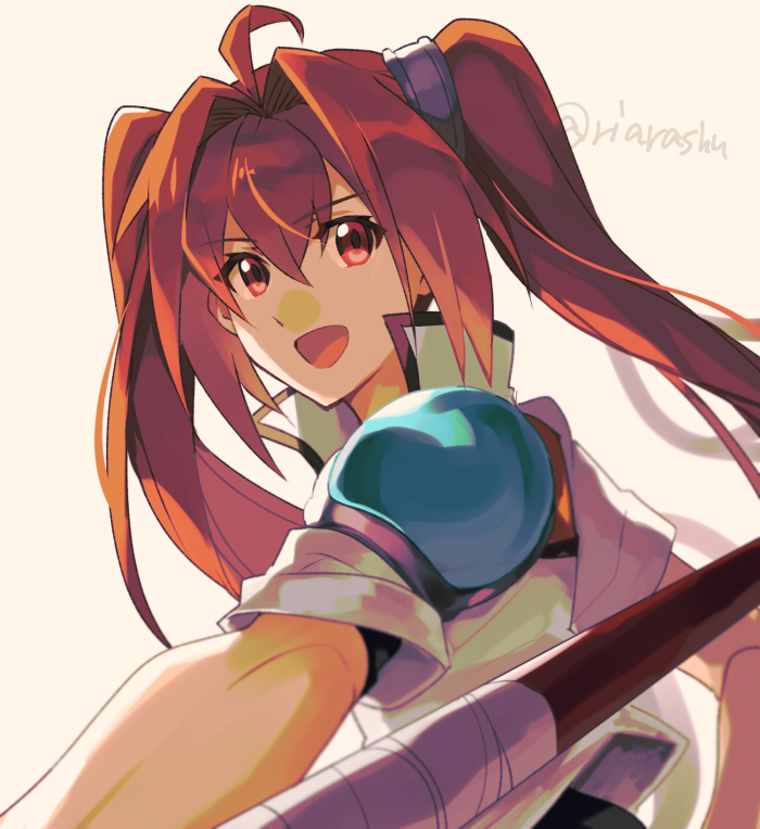 1girl, :d, ahoge, armor, commentary_request, eiyuu_densetsu, estelle_bright, hair_between_eyes, holding, holding_staff, orange_hair, pauldrons, red_eyes, riarashu, shoulder_armor, single_pauldron, smile, solo, sora_no_kiseki, staff, twintails, upper_body
