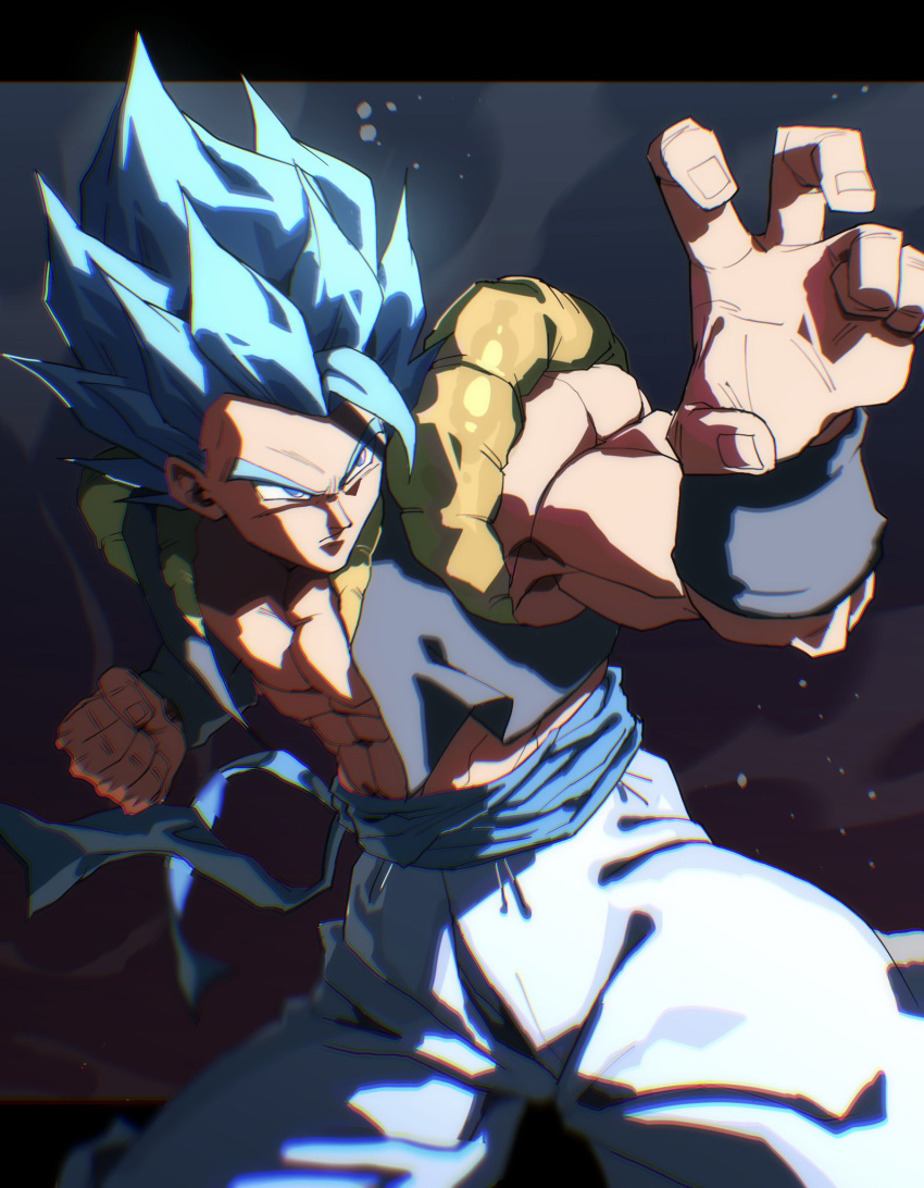 1boy, black_border, black_vest, blue_eyes, blue_hair, blue_sash, border, clenched_hand
