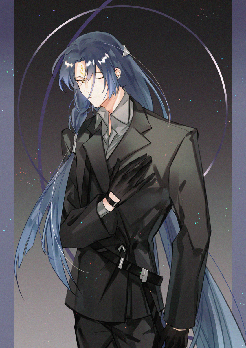 1boy, ;|, absurdres, alternate_costume, arm_at_side, azha8, belt, black_background