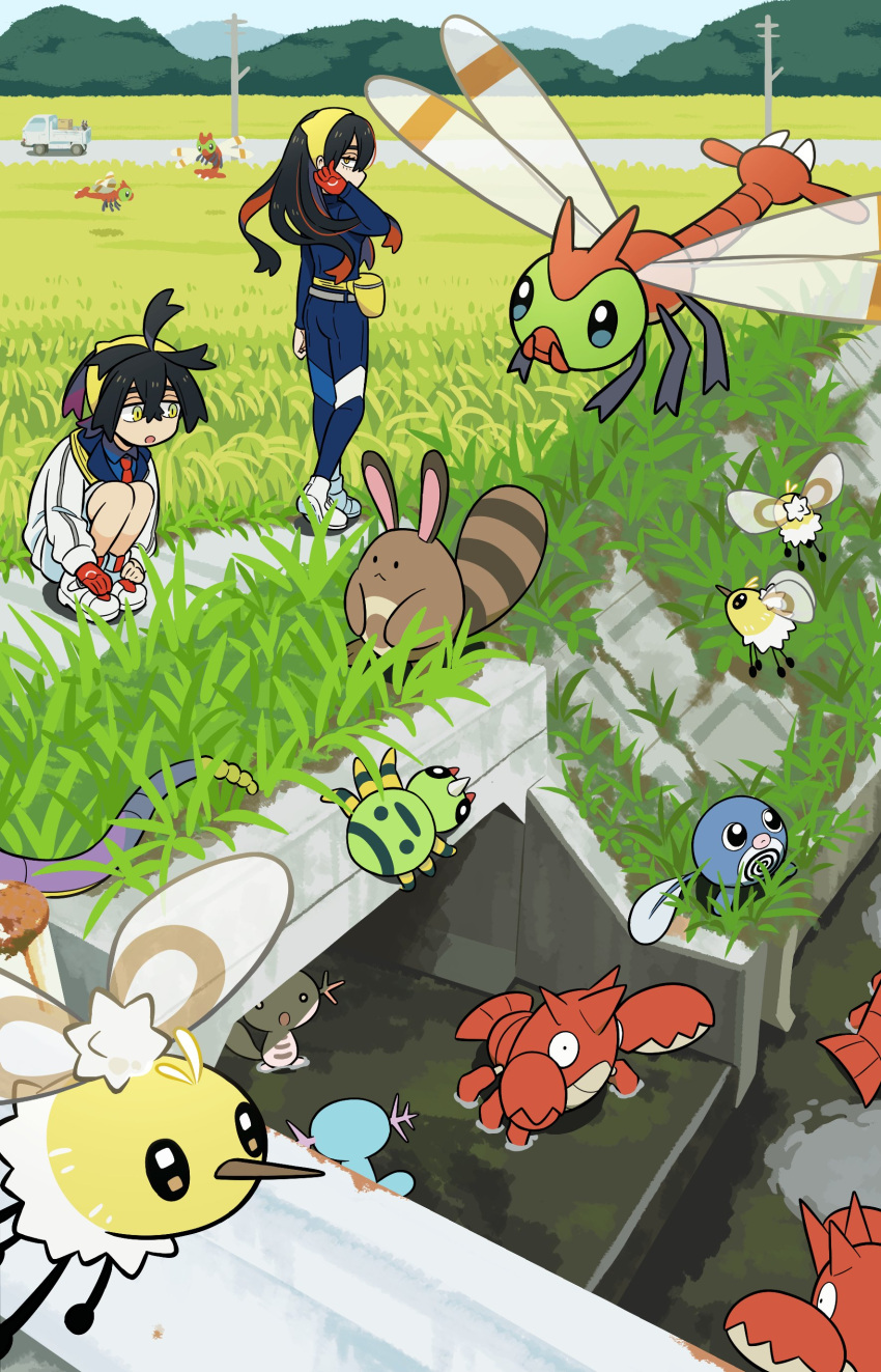 ._., 1boy, 1girl, absurdres, ahoge, alternate_color, animal_ears, black_hair, blue_gakuran, blue_pants, blue_shirt, blue_skin, blueberry_academy_school_uniform, brother_and_sister, brown_fur, bug, carmine_(pokemon), colored_inner_hair, colored_skin, corphish, crossed_bangs, crustacean, drainpipe, ekans, fanny_pack, flying, gloves, grass, hair_between_eyes, hairband, hand_in_own_hair, hand_up, highres, horns, insect_wings, jacket, kieran_(pokemon), long_hair, long_sleeves, looking_at_another, motor_vehicle, multicolored_hair, necktie, official_alternate_color, open_mouth, outdoors, pants, pickup_truck, pink-haired_nun_(404notfound), pokemon, pokemon_sv, poliwag, proboscis, purple_hair, rabbit_ears, red_gloves, red_necktie, road, scenery, school_uniform, sentret, shiny_pokemon, shirt, shorts, shuan_0420, siblings, single_glove, single_horn, slit_pupils, solid_circle_eyes, spinarak, squatting, striped_tail, tail, triple_ahoge, truck, two-tone_hair, utility_pole, white_jacket, white_shorts, wings, wooper, yanma, yellow_bag, yellow_eyes, yellow_fur, yellow_hairband
