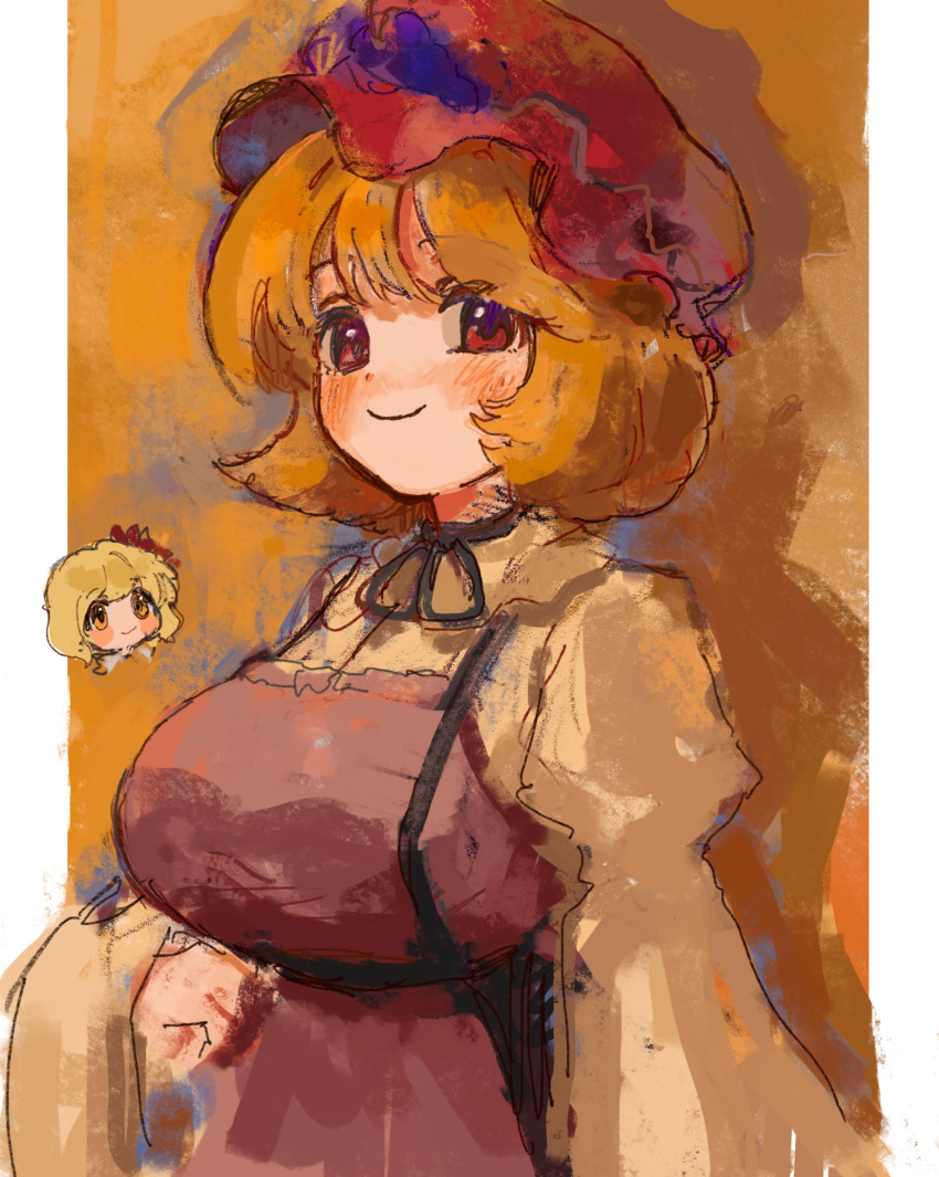 1girl, aki_minoriko, aki_shizuha, apron, b_nosk101, blonde_hair, blush, breasts