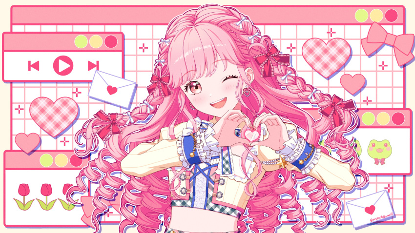 1girl, :d, absurdres, aikatsu!_(series), aikatsu_academy!, blush, bow, checkered_clothes, checkered_shirt, cropped_jacket, cropped_shirt, curly_hair, dot_nose, earrings, flower, frilled_sleeves, frills, hair_bow, hands_up, happy, heart, heart_hands, highres, himeno_mieru, jacket, jewelry, letter, long_hair, looking_at_viewer, midriff, mocodogwan10, one_eye_closed, orange_eyes, outline, pink_bow, pink_hair, pink_nails, red_flower, shirt, sidelocks, smile, solo, teeth, twitter_username, upper_teeth_only, virtual_youtuber, white_bow, white_outline, window_(computing), yellow_background, yellow_jacket