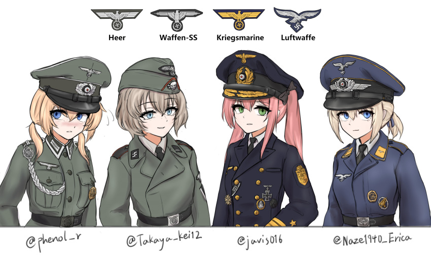 4girls, absurdres, aqua_eyes, belt, black_belt, black_bow, black_jacket, black_necktie, blonde_hair, blue_eyes, blue_jacket, bow, closed_mouth, collaboration, commentary, cross, english_commentary, erica_(naze1940), green_eyes, green_jacket, hair_between_eyes, hair_bow, hat, highres, huihuang_rongyao, iron_cross, jacket, kriegsmarine, long_hair, long_sleeves, looking_at_another, looking_at_viewer, looking_to_the_side, low_ponytail, low_twintails, luftwaffe, medium_hair, military, military_hat, military_jacket, multiple_girls, nazi, necktie, original, personification, phenol_r, pink_hair, reichsadler, shirt, short_hair, shoulder_strap, sidelocks, simple_background, smile, soldier, swastika, twintails, waffen-ss, weimar_29, white_background, white_shirt