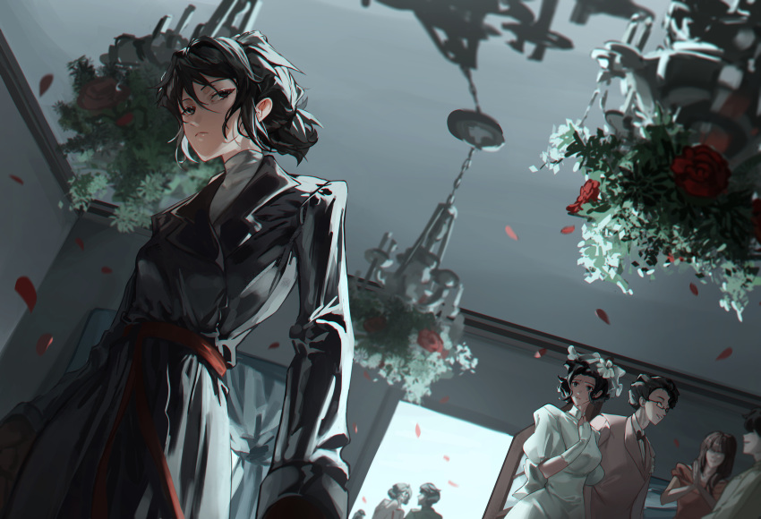 absurdres, black_coat, black_eyes, black_hair, bridal_veil, chandelier, choi_dajeong, coat, commentary, dan_myeonghoon, dress, english_commentary, falling_petals, flower, from_below, gloves, go_boksu, highres, livelyeko, long_sleeves, married_in_red, petals, pink_suit, ponytail, red_flower, red_petals, red_rose, rose, shirt, short_sleeves, suit, turtleneck, veil, wedding_dress, white_dress, white_gloves, white_shirt, white_veil