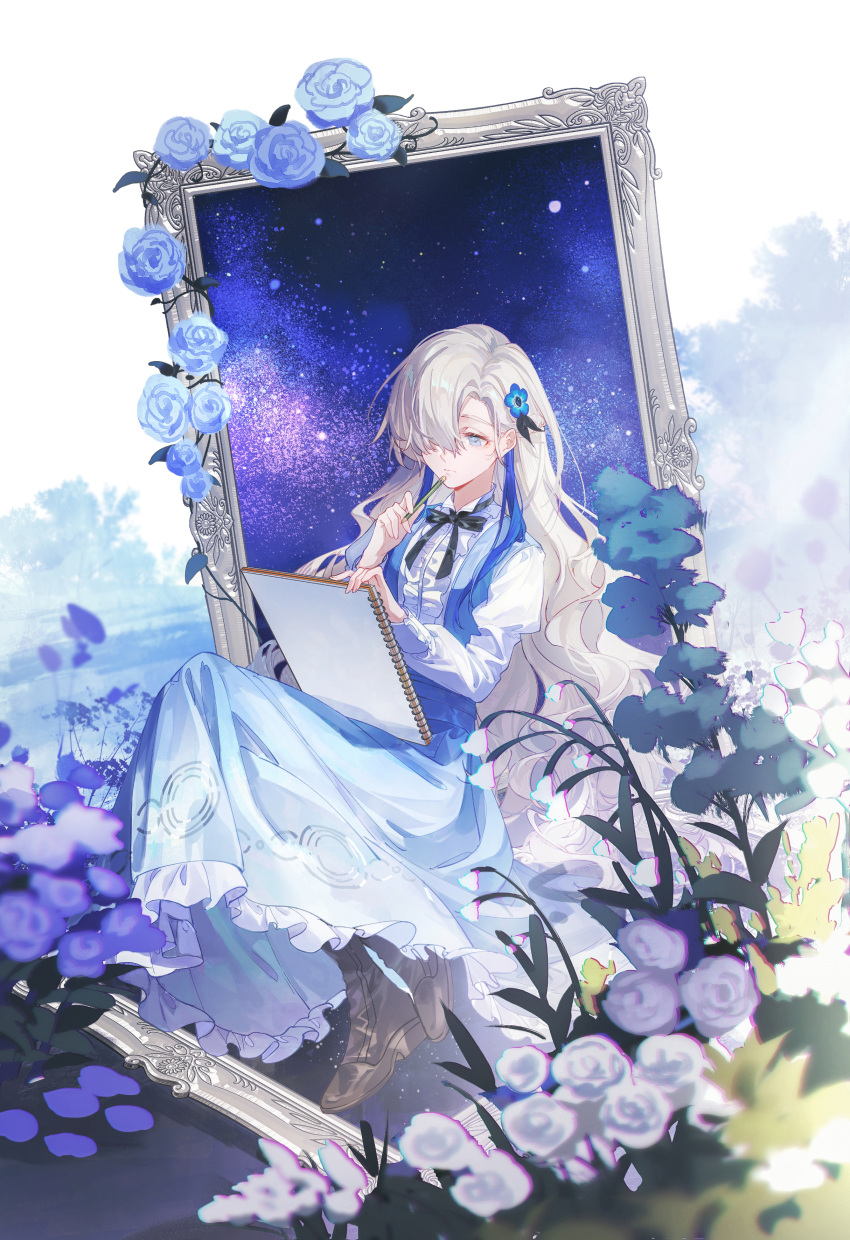 1girl, absurdres, aegyo_sal, black_ribbon, blue_dress, blue_eyes, blue_flower, blue_hair