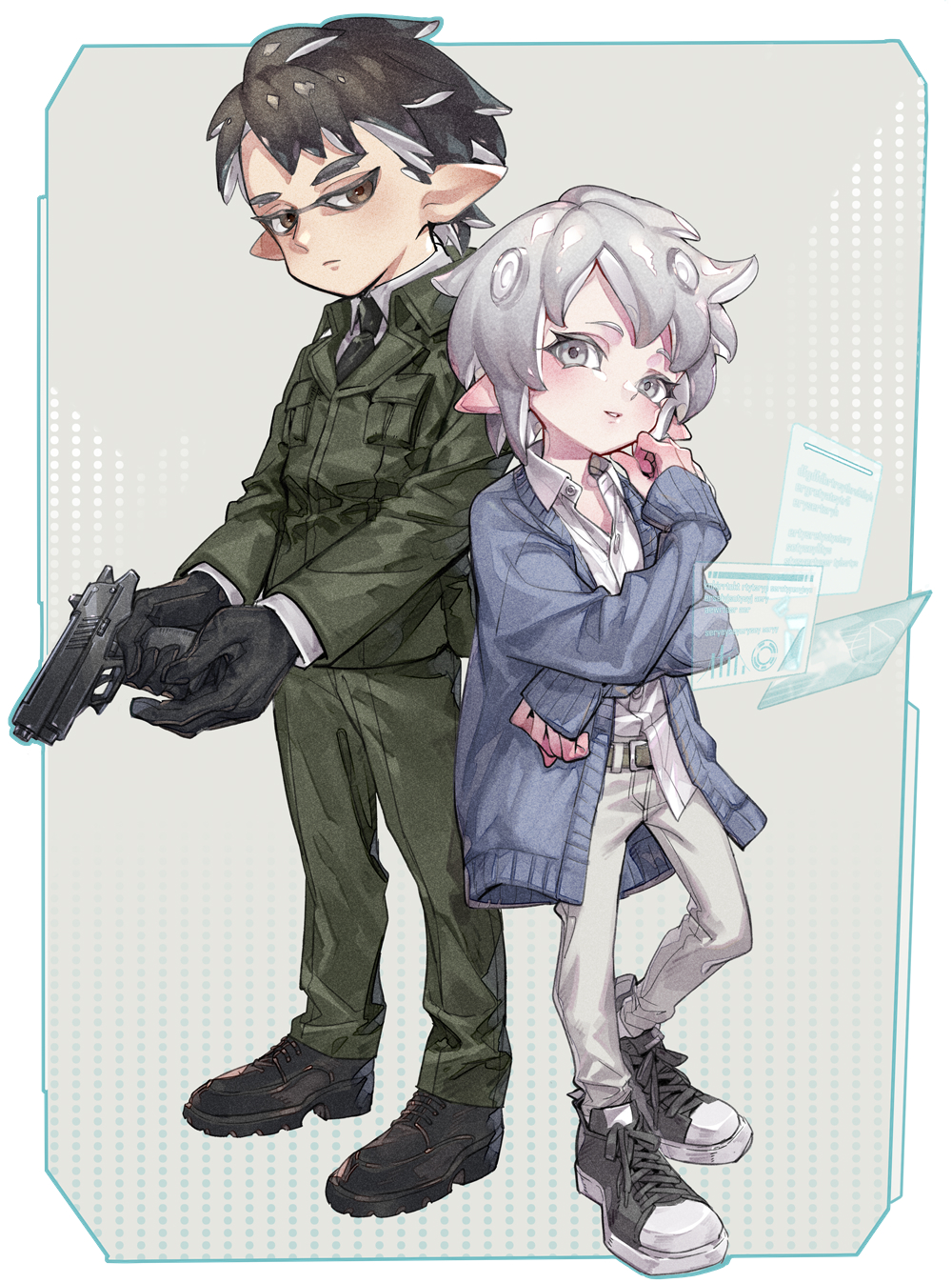 alternate_species, belt, black_footwear, black_hair, black_necktie, blue_cardigan, brown_eyes, cardigan, full_body, green_jacket, green_pants, grey_hair, grey_pants, gun, highres, hijiyama_takatoshi, holding, holding_gun, holding_weapon, inkling, jacket, juusan_kihei_bouei_ken, koto_(gamelife506), loafers, loose_clothes, loose_shirt, necktie, okino_tsukasa, open_cardigan, open_clothes, pants, pointy_ears, shirt, shoes, simple_background, sneakers, splatoon_(series), tentacle_hair, thick_eyebrows, weapon, white_hair, white_shirt